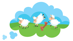 Jumping sheep in cloud. Animal bouncing over fence on meadow. Counting sheep to sleep in thought. Coping with insomnia or sleeping problems. Sweet dreams or relaxing concept vector illustration.