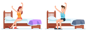 Woman and man wakes up. Early ge up in bedroom, sleepy people, routine wake up boy and girl, stretching daily. Vector illustration