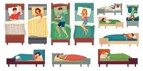 People sleeping in beds. Adult man in bed, asleep woman and young kids sleep vector illustration set. Woman and man healthy dream, asleep in bedroom, sleep resting position