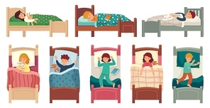 Kids sleeping in beds. Child sleeps in bed on pillow, young boy and girl asleep. Bedtime vector illustration set kids boy and girl, teen various sleeping pose in bed, lying and relax