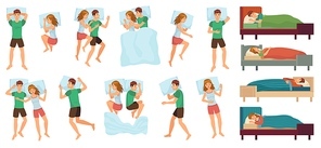 Sleeping people. Adult couple sleep together, asleep person. Man and woman sleep in different positions vector illustration set. Couple woman and man sleep in bed, asleep night married