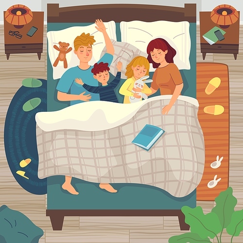 Children sleep in parents bed. Co-sleeping with child. Dad, mom and kids sleep together, asleep young boy and girl vector illustration. Family sleep together in bed, mother and father with kids