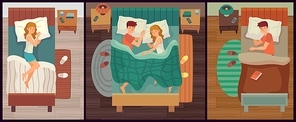 Couple of people sleeping. Man and woman asleep alone and together, healthy sleep cartoon vector illustration. Sleeping alone in bedroom, lying comfort single dream