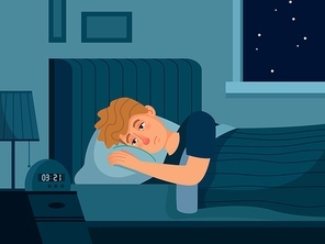 Man with insomnia. Sleep disorder, man lies in bed with his eyes open, male person cant sleep at night vector illustration. Man problem with sleep, insomnia and sleeplessness