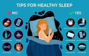 Healthy sleep rules. Healthy night sleep tips, good habits and peacefully sleeping girl vector infographics illustration. Tips and rule for bedtime sleep against insomnia