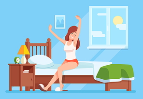 Lady wakes up morning. Lady is sitting on mattress, girl wake up after sleeping and stretch. Woman getting relaxing awake in comfortable bedding. Morning bedroom cartoon vector concept