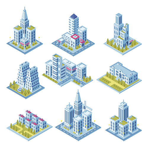 Isometric city architecture, cityscape building, landscape garden and business office skyscraper. Public property school and hospital buildings for 3d street movement map realistic isolated vector set