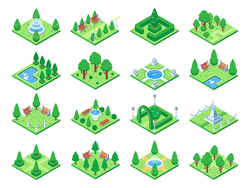 Isometric green park or garden trees. Fountain and bushes, benches and pond. 3d isometric city map, urban landscape vector elements