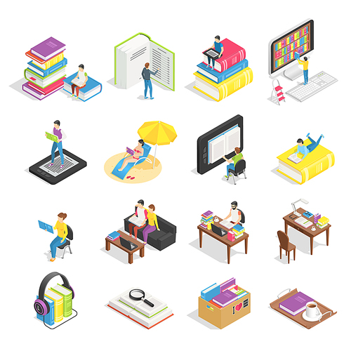 Isometric book set. Reading books, textbooks for student learning and ebooks technology icons. Textbook for distance graduation college students, tablet reader vector illustration isolated symbol set