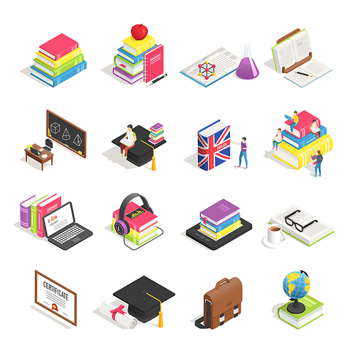 Isometric college education icon. School blackboard, university students admission briefcase and professor glasses, science chemistry and maths student. Books laptop case isolated icons vector set