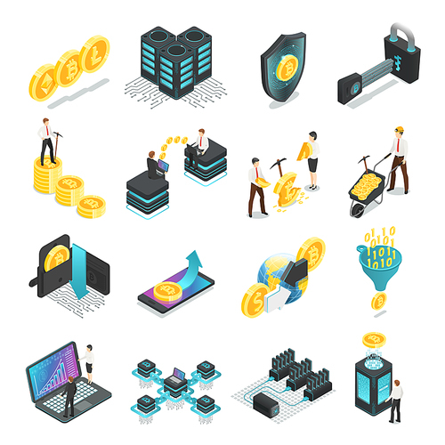 Isometric blockchain. Safe global network, income cryptocurrency bitcoin tokens startup ico currency income, mining people, coin finance currency vector isolated icon collection
