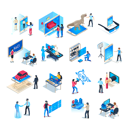 Isometric virtual reality simulations icons. Computer simulation helmet, augmented reality game or vr goggles immersion training. Immersive device equipment vector isolated illustration set