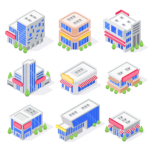 Mall store isometric buildings. Shop exterior, super market building and modern city stores architecture. Luxury warehouse, shopping mall or supermarket building isolated 3d vector icons set