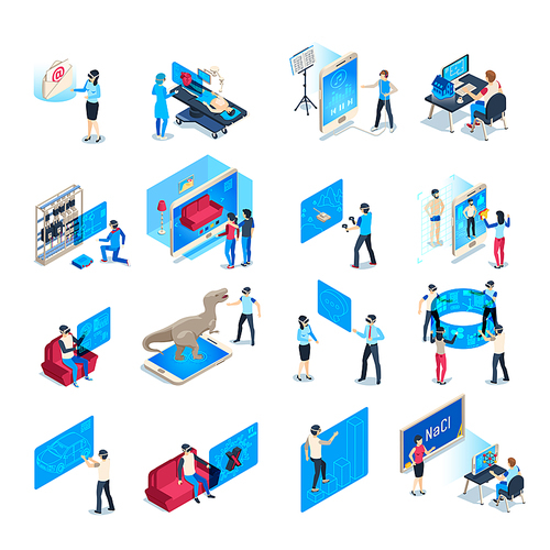 Virtual reality device. Isometric immersion training experience in vr equipment. Immersed human, virtual communication or augmented reality education. Isolated icons vector illustration collection