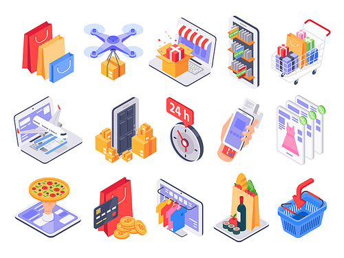 Isometric shopping. Online shop, market delivery and store sales. Internet purchasing and grocery products. Daily retail discount online app shopping. 3d vector illustration isolated icons set