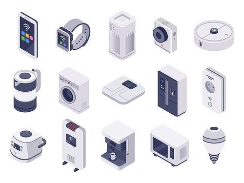Isometric internet of things devices. Smart watch, household appliances and wireless controlled microwave. Smartphone, robotic kettle and camera. 3d vector illustration isolated icons set