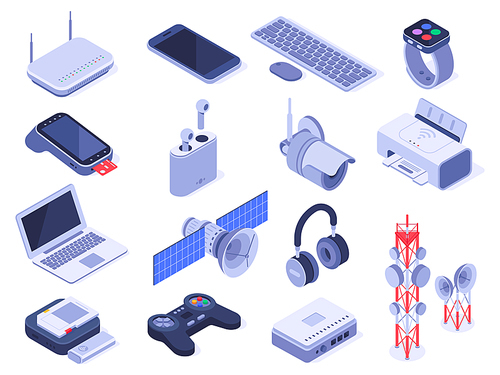 Isometric wireless devices. Computer connect gadgets, wireless connection remote controller and router device. Home internet technology wifi devices. Isolated 3d icons vector set
