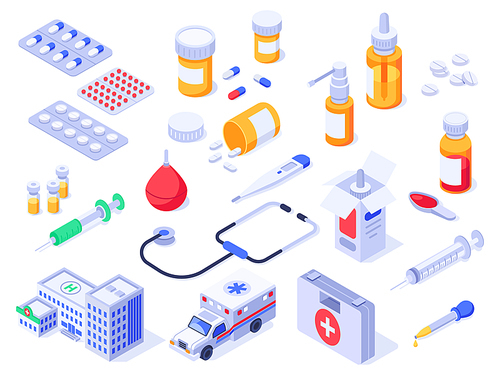 Isometric first aid kit. Health care medical pills, pharmacy medicines and drug bottles. Hospital ambulance, pill case or wound safety supplies. Healthcare 3d isolated vector icons set