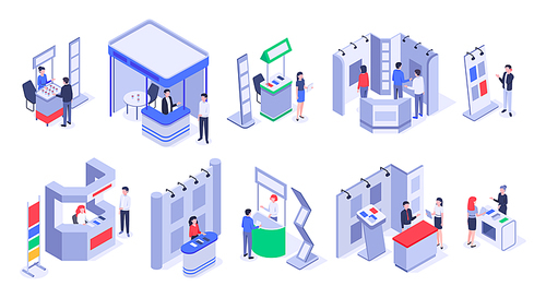 Isometric sale stands. Expo demonstration stand, product exhibition trade stalls and events people. Business trade show, mall marketing event demonstrations stands. Isolated 3d icons vector set