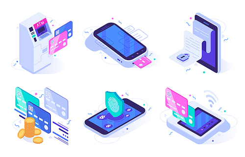 Isometric online payments. Electronic finances bill, finance payment security and digital purchase. Commerce mobile apps, digital shopping transaction. Isolated vector illustration icons set