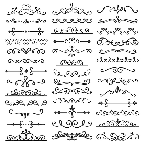 Decorative swirls dividers. Old text delimiter, calligraphic swirl border ornaments and vintage divider. Ornament swirls calligraphy victorian flourishes lines vector isolated icons set
