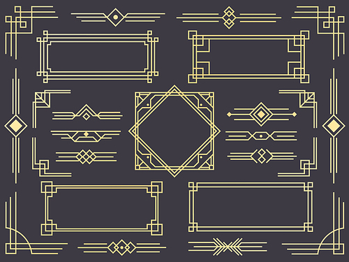 Art deco line border. Modern arabic gold frames, decorative lines borders and geometric golden label frame. Victorian vintage old antique elegant vector design isolated icons elements set
