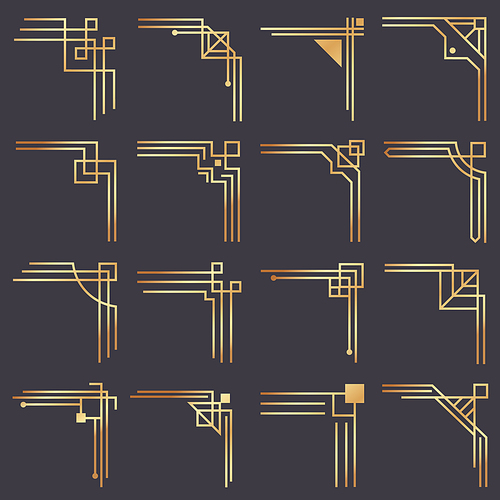 art deco corner. modern graphic corners for vintage gold  border. golden 1920s fashion decorative lines frame or vector ornaments geometric frames classic isolated symbols vector set