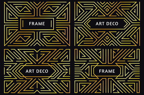 art deco s. vintage golden line border, decorative gold ornament and luxury abstract geometric frame borders. luxury great gatsby bar menu composition or wedding deco vector illustration set