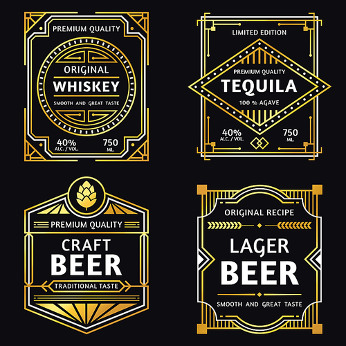 Vintage alcohol label. Art deco whiskey, tequila sign, retro craft and ager beer labels. Premium quality alcohol drink deco brewery bar or pub badge emblem vector illustration set