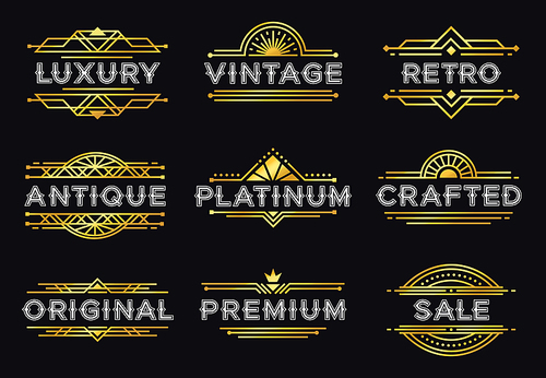 art deco label. retro luxury geometric ornaments, vintage ornament  and hipster decorative lines labels. elegant invitation or luxury gatsby deco badge. isolated vector illustration icons set