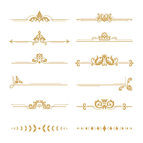 Elegant damask dividers. Vintage boutique flower divider, gold floral ornament and wedding book frames design elements. Ornate victorian style royal golden dividers. Vector isolated signs set