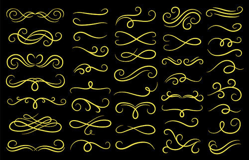 Vintage swirls ornament. Decorative golden ornamental swirl, medieval motif curls and gold filigree ornaments divider. Baroque calligraphy frame, elegant antique swirls. Vector isolated symbols set