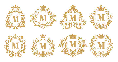 Luxury monogram. Vintage crown logo, golden ornamental monograms and heraldic wreath ornament. Luxurious monogram frames, alcohol or wedding decoration badge. Vector isolated symbols set