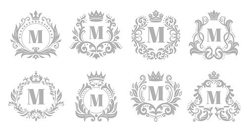 Vintage monogram emblem. Luxury ornate silver logo, heraldic monograms and old king royal crown emblems. Jewelery ornamental, wedding heraldry monogram. Vector illustration isolated icons set