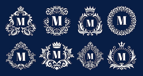 Luxury monogram frame. Ornamental monograms, heraldic initials logo ornament and elegant letters border frames. Boutique or royal victorian alcohol stamp. Vector illustration isolated symbols set