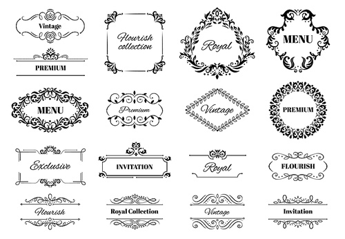 Decoration ornament frame. Vintage calligraphic motif ornate text, ornamental frames and decorative borders. Wedding card victorian border, certificate corner. Vector illustration isolated icons set