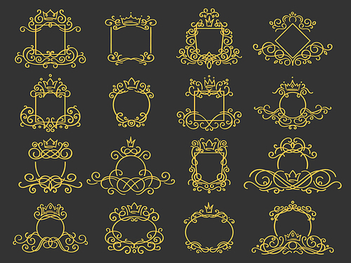Royal monogram frame. Hand drawn crown emblem, vintage doodle sketch sign and elegant monograms. Decorative antique boutique signage border or floral ornament gold logo. Isolated vector symbols set