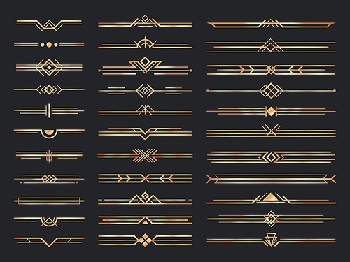 Golden art deco dividers. Vintage gold ornaments, decorative divider and 1920s header ornament. victorian deco interior dividers, luxury geometric borders. Isolated vector signs set