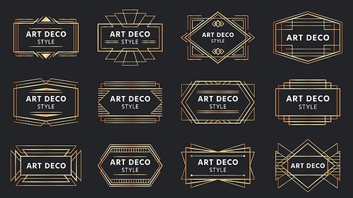 Golden art deco badges. Gold frame label, decorative badge and geometric frames vector set. Collection of elegant rectangular borders for emblem, label. Retro linear ornaments, vintage decorations.