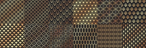 Golden art deco seamless patterns. Luxury decorative geometrical ornaments, gold geometric shapes and vintage pattern vector set. Bundle of elegant retro textures with circles, squares, leafs, waves.