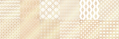 Golden art deco patterns. Decorative tiles, vintage white and gold seamless pattern and geometric stripes vector set. Collection of elegant retro textures or backdrops with shiny lines in 1920s style.