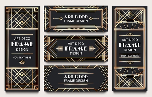Golden art deco banner frames. Geometric gold lines frame, luxury decorative corners and premium label vector set. Collection of elegant card templates decorated by retro ornaments in 1920s style.