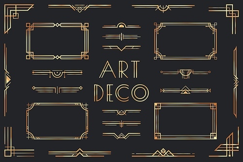 Golden art deco elements. Ornamental frame, retro 1920s divider border and decorative gold corner vector set. Collection of fancy luxury metallic decorations, geometric ornaments in vintage style.
