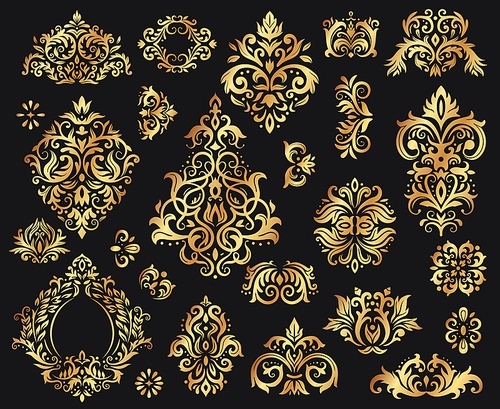golden damask ornament. vintage floral sprigs , baroque ornaments for decoration. elegant elements for luxury decoration. royal floral abstract decor on black vector illustration