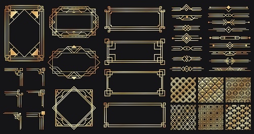 Art deco elements set. Creative golden borders and frames. Dividers and headers for luxury or premium design. Old antique elegant elements isolated on dark . Decoration for cards vector illustration
