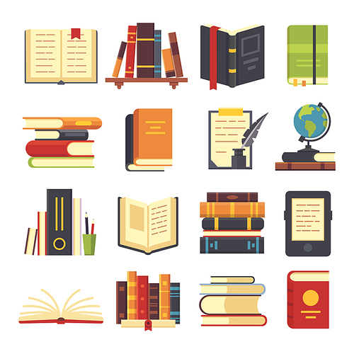 Flat books icons. Magazines with bookmark, history and open or closed textbook science pile of old book stack with globe. Encyclopedia on library shelves vector isolated illustration symbol set