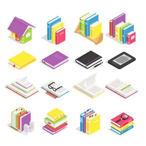 Isometric books. School textbook, open book standing with bookmark and notebook with working pen office equipment sign. Stack of textbooks on reading library bookshelf color vector icon isolated set