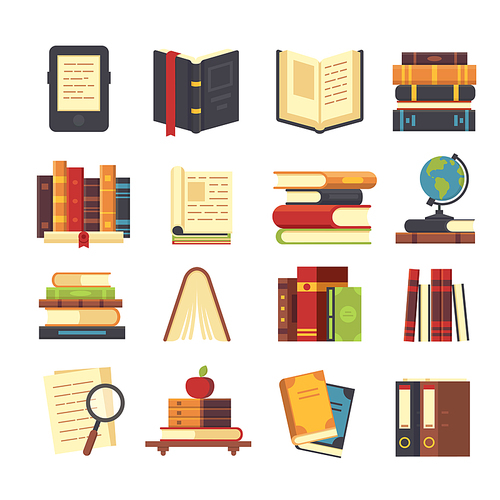 Flat book icons. Library books, open dictionary page and encyclopedia on stand. Pile of paper magazines, ebook globe and novel booklet, publishing vector isolated symbols set