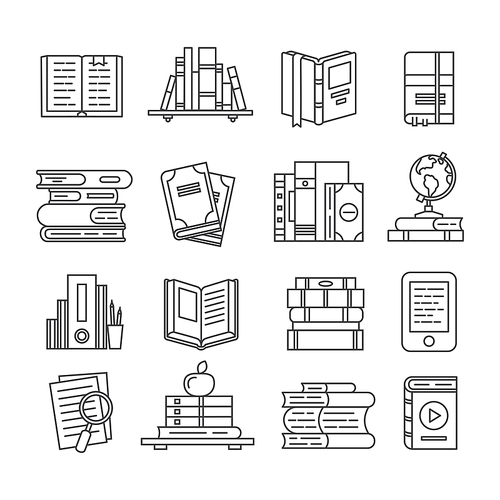 Line Art book icons. Literary magazines, study diary and bible textbooks bookstore symbols. Open page textbook, ebook and audio encyclopedia books thin library outline icon vector isolated set