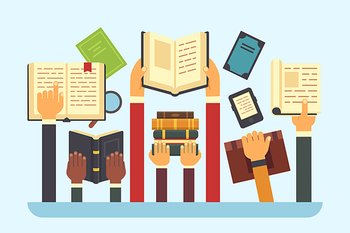 Books in hands. Reading library book. Hand holding textbook, ebook notebook document page, read learning and university education study reader knowledge, bookstore flat vector illustration